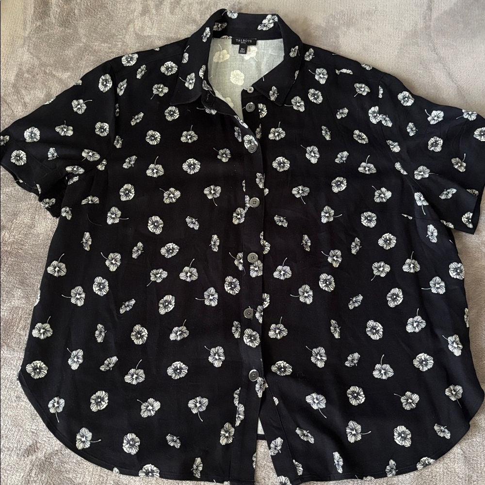 Talbots Twill Black Flower Deco Button Down Top Wide leg Pant Set Size XLp - Picture 3 of 16